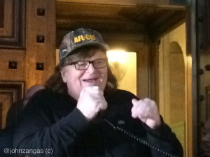 Director Michael Moore at TPP protest/ Photo by John Zangas